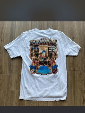Hard Rock Cafe White Budapest Graphic Tee with Blue and Red Accents
